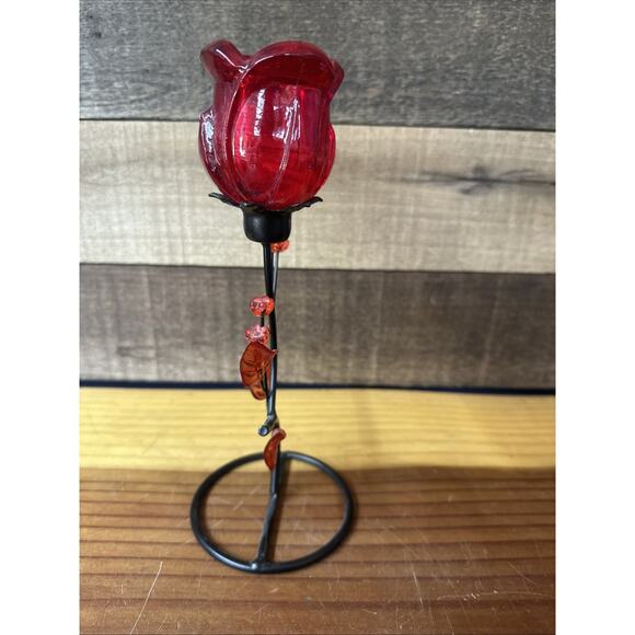 Red Glass Flower Tealight Candle Holder 9” Tall - Picture 4 of 5